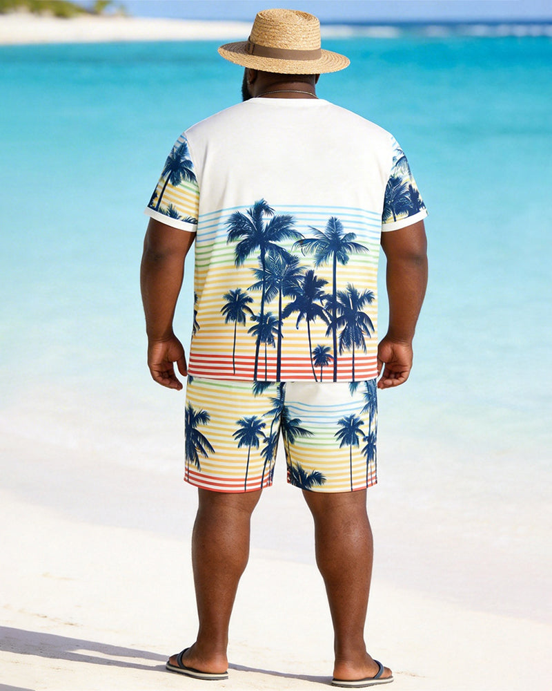 Big & Tall Men's Rainbow Striped Coconut Print Round Neck Short Sleeve T-Shirt Shorts Set