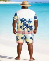Big & Tall Men's Rainbow Striped Coconut Print Round Neck Short Sleeve T-Shirt Shorts Set