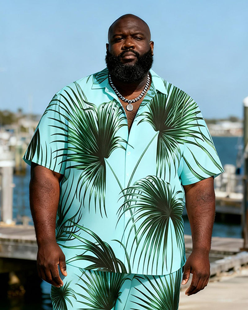 Big & Tall Men's Light Green Bottom Pukui Leaf Printed Short Sleeve Shirt And Shorts Set