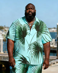 Big & Tall Men's Light Green Bottom Pukui Leaf Printed Short Sleeve Shirt And Shorts Set