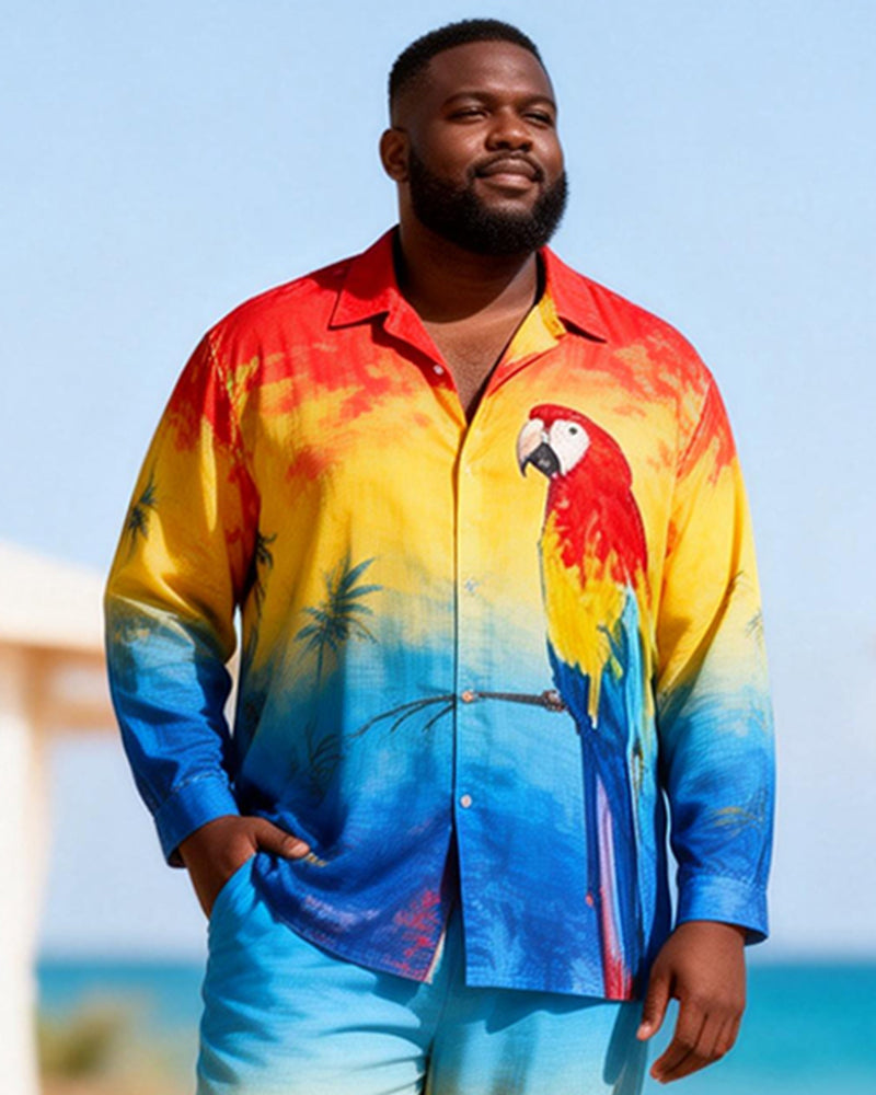 Big & Tall Men's Rainbow Gradient Parrot Print Long Sleeve Shirt Pants Set