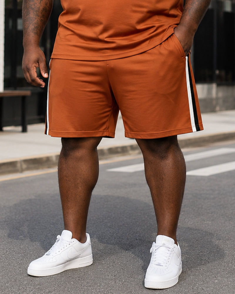 Big & Tall Men's Orange And White Contrast Stitching Printed Crew Neck Short Sleeve T-shirt Shorts Set