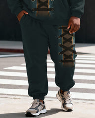 Big & Tall Men's Dark Green Contrast Strap Decorative Printed Hoodie Set