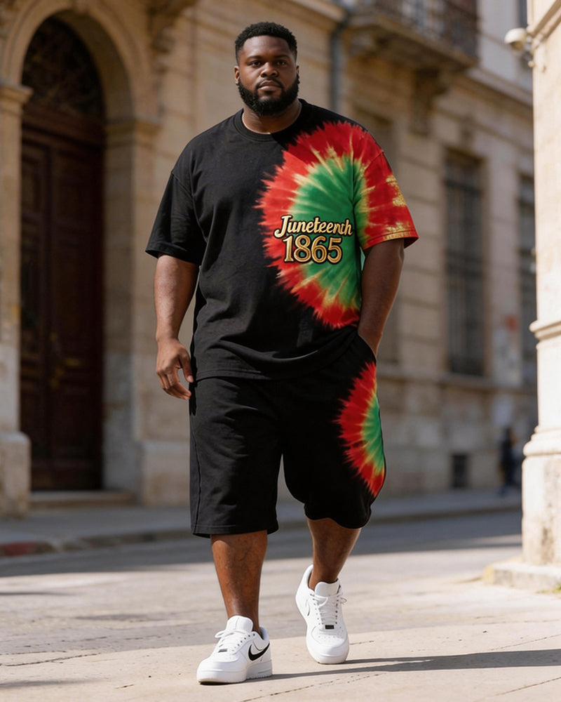 Big & Tall Men's Juneteenth 1865 Spiral Tie-dye Printed Round Neck Short Sleeve T-shirt Shorts Set