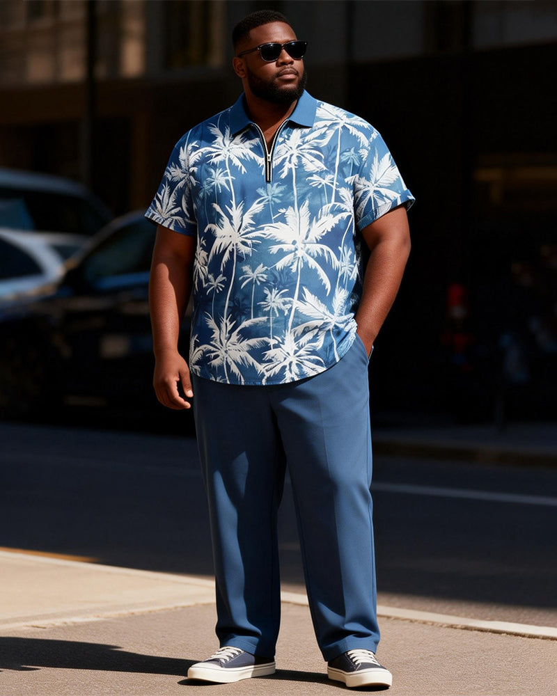 Big & Tall Men's Blue And White Coconut Tie-Dye Printed Zipper Polo Short Sleeve Pants Set