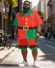 Big & Tall Men's Christmas Elf Cosplay Printed Short Sleeve Shirt Shorts Set