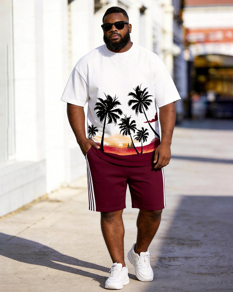 Big & Tall Men's Coconut Tree Sunset Wine Red Striped Printed Crewneck Short Sleeve T-Shirt Shorts Set