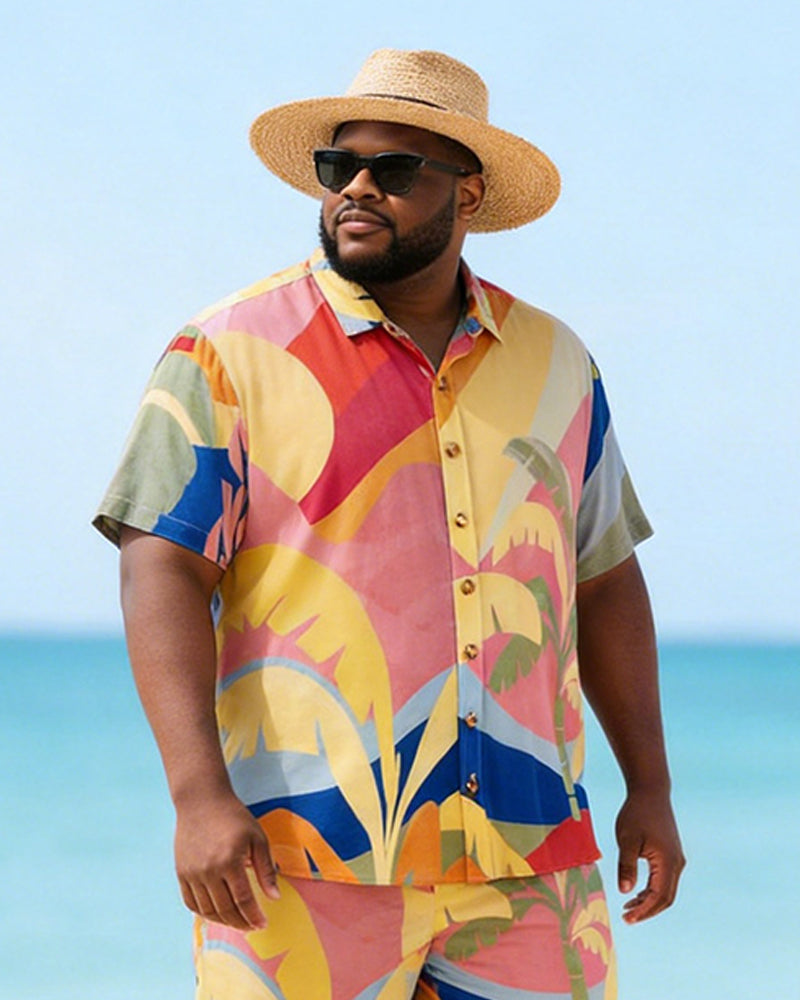 Big & Tall Men's Color Contrast Geometric Palm Leaf Print Short Sleeve Shirt Shorts Set