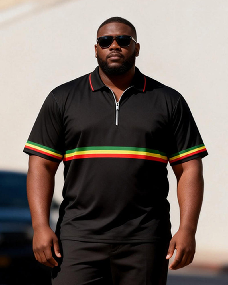 Big & Tall Men's Red, Yellow And Green Contrast Printed Zipper Polo Short Sleeve Trousers Set