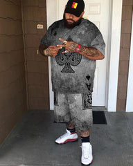 Big & Tall Men's Distressed Grey Spades Print Round Neck Short Sleeve T-Shirt Shorts Set