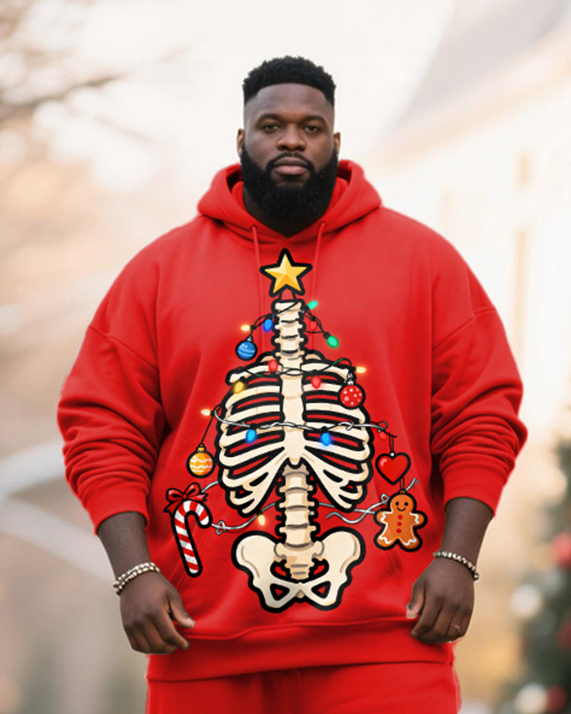 Big & Tall Men's Red Christmas Decoration Skull Skeleton Printed Hoodie Set