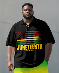 Big & Tall Men's Juneteenth Distressed Flag Reggae Color Printed POLO Short Sleeve Shorts Set