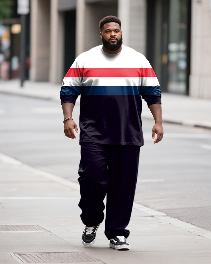 Big & Tall Men's Red Colorblock Stripe Printed Long Sleeve T-Shirt Pants Set