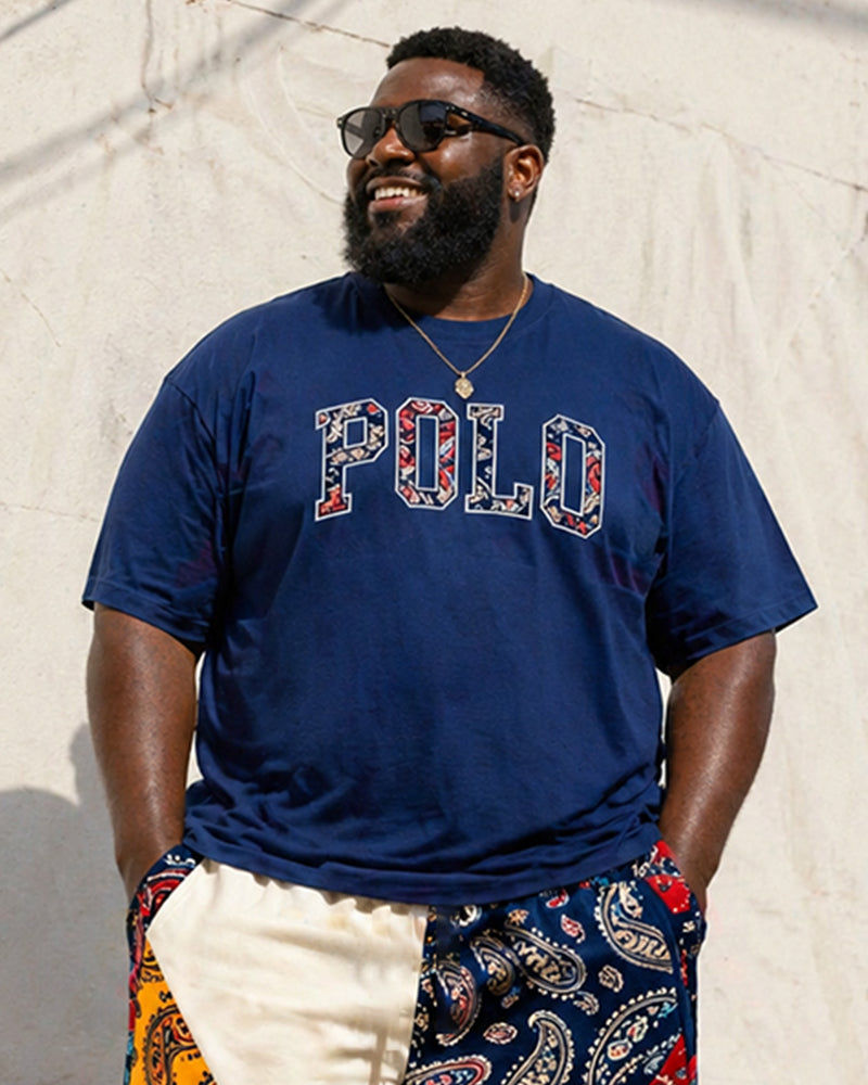Big & Tall Men's Cashew Flower Stitching POLO Letter Printed Round Neck Short Sleeve T-Shirt Shorts Set