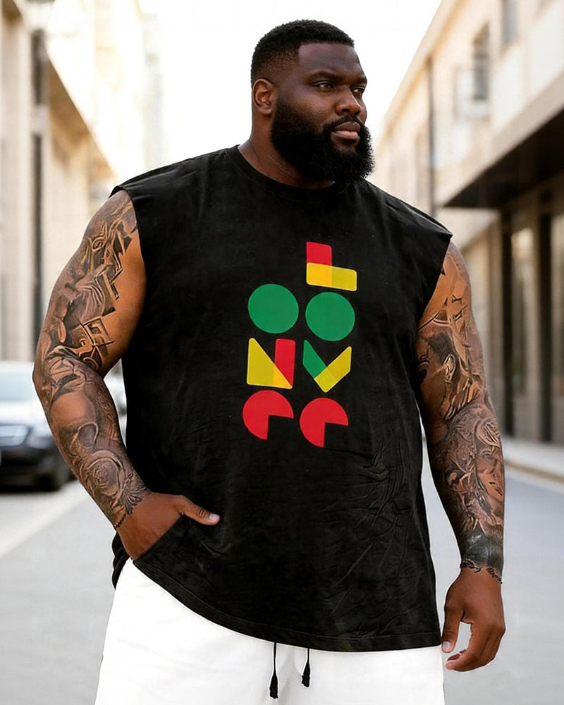 Big & Tall Men's Juneteenth Red, Yellow And Green Geometric Printed Round Neck Sports Vest