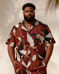 Big & Tall Men's Red Bottom Totem Retro Printed Short Sleeve Shirt Shorts Set