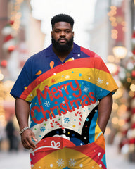 Big & Tall Men's Merry Christmas Colorblock Alphabet Print Short Sleeve Shirt Trousers Suit