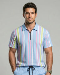 Men's Colorblock Striped Print Short Sleeve Shirt & Shorts Two-Piece Set