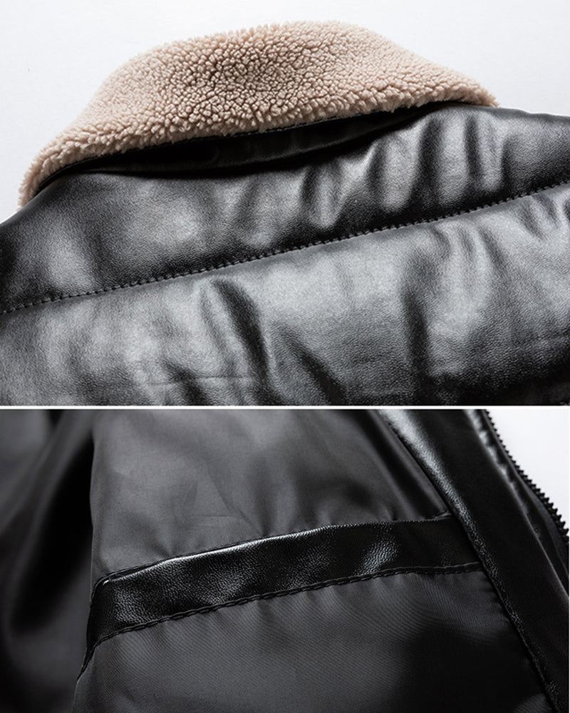 Big & Tall Men's Padded Lamb Wool Lapel Motorcycle PU Leather Jacket M-5XL