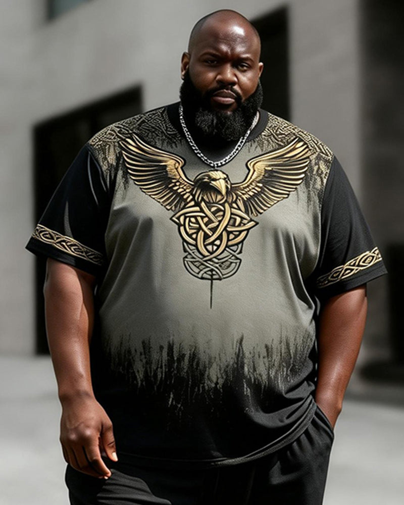 Big & Tall Men's Eagle Totem Gradient Print Crewneck Short-Sleeve T-Shirt And Shorts Set