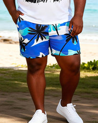 Big & Tall Men's Blue And White Coconut Print Round Neck Short Sleeve T-Shirt Shorts Set