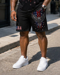 Big & Tall Men's Black Bottom American Flag Eagle Print Crewneck Short Sleeve T-Shirt Shorts Set