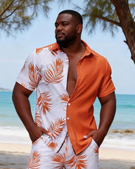 Big & Tall Men's Orange And White Palm Contrast Printed Short Sleeve Shirt Shorts Set