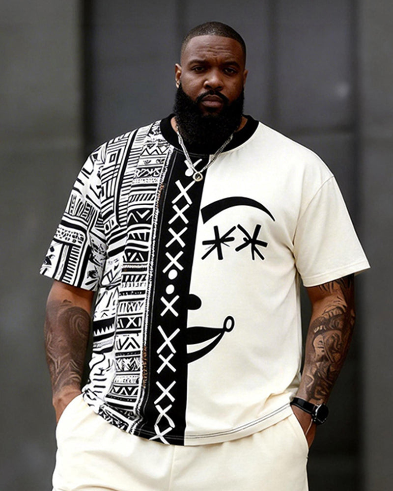 Big & Tall Men’s Patchwork Abstract Face Ethnic-Style Printed Crewneck Short-Sleeve T-Shirt And Shorts Set