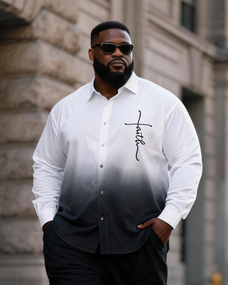 Big & Tall Men's White Gray Gradient Cross Print Long Sleeve Shirt Trousers Set