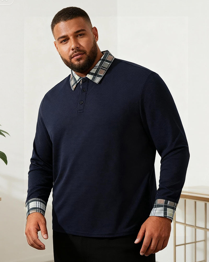 Big & Tall Men's Plaid Long-sleeved Polo Shirt With Lapel S-2XL