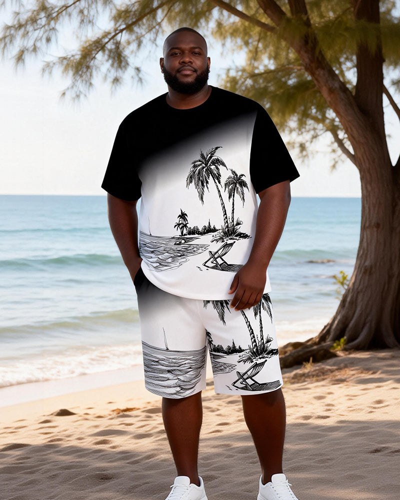 Big & Tall Men's Black And White Hand Painted Beach Printed Round Neck Short Sleeve T-Shirt Shorts Set