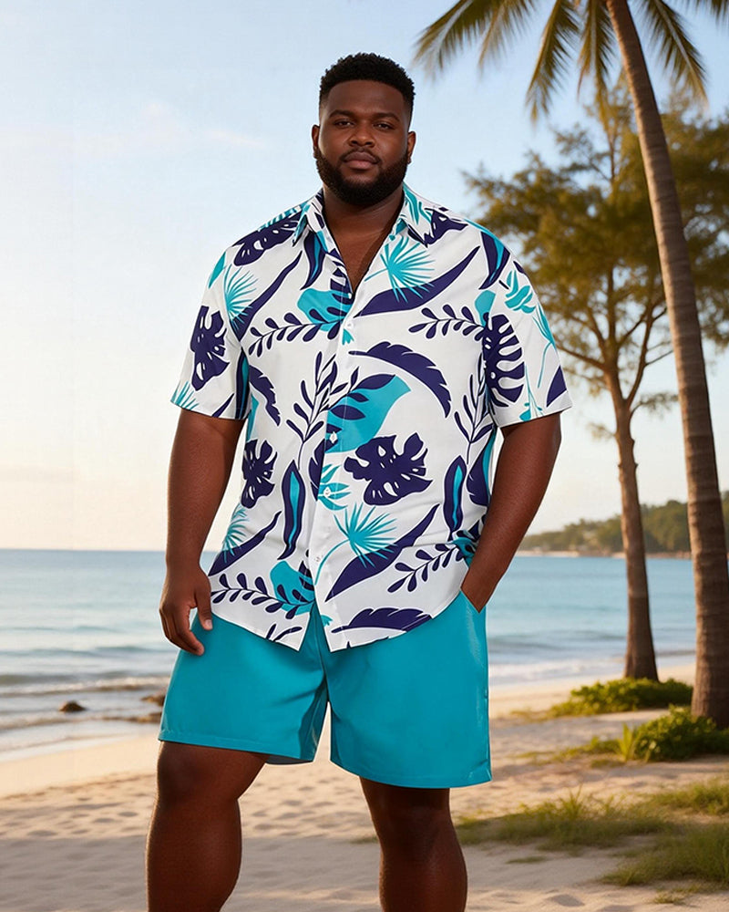 Big & Tall Men's Blue And White Tropical Leaf Print Short Sleeve Shirt Shorts Set