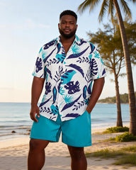 Big & Tall Men's Blue And White Tropical Leaf Print Short Sleeve Shirt Shorts Set