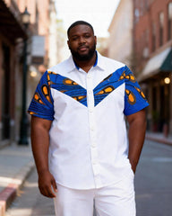 Big & Tall Men's Blue-orange Pattern V-shaped Stitching Printed Short-sleeved Shirt