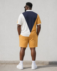 Big & Tall Men's Summer Casual Daily Irregular Contrast Polo Shirt Short Sleeve Shorts Set