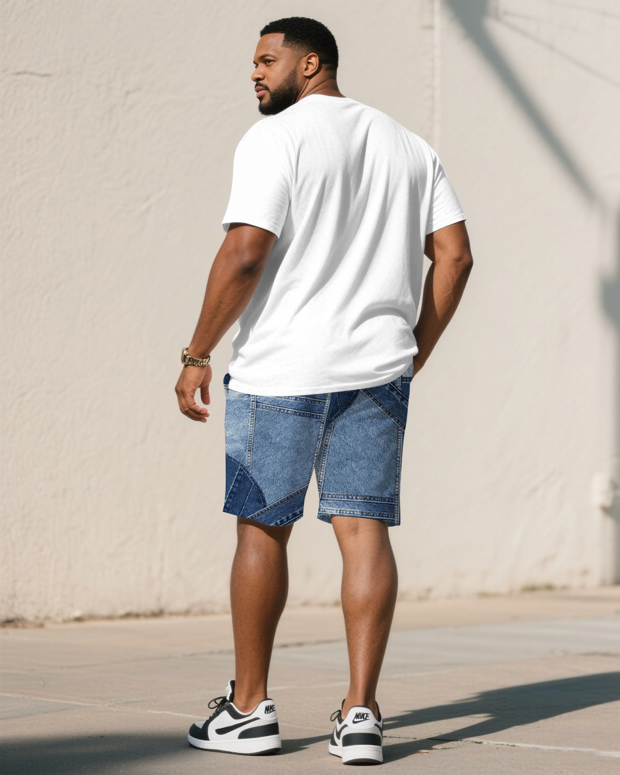 Big & Tall Men' Imitation Denim Cut Letter Print Short Sleeve T-shirt Shorts Set