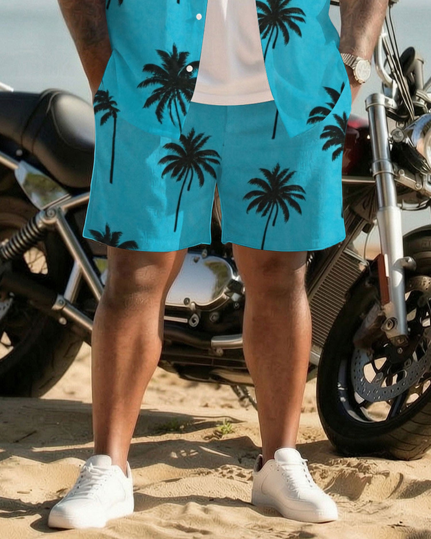 Big & Tall Men's Hawaiian Holiday Coconut Tree Silhouette Full Print Cardigan Short Sleeve Shirt Shorts Set