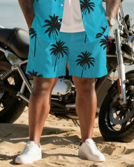 Big & Tall Men's Hawaiian Holiday Coconut Tree Silhouette Full Print Cardigan Short Sleeve Shirt Shorts Set