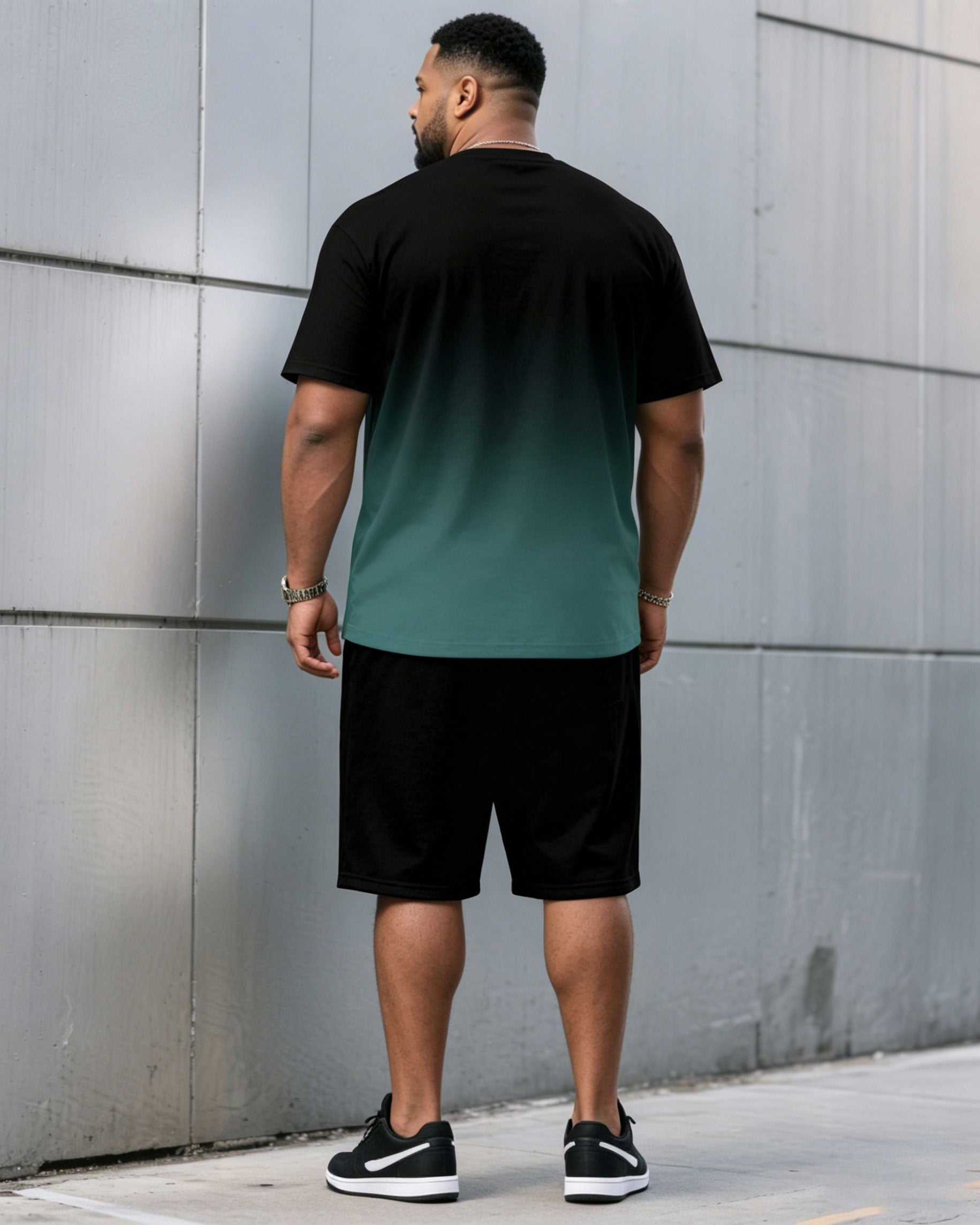 Men's Plus Size Casual Black & Red Chest Gradient Fashion Round Neck Short Sleeve T-Shirt and Shorts Suit