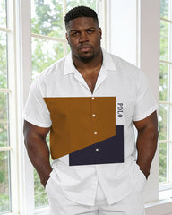 Plus-size Men’s White Contrast-color Short-sleeve Shirt And Pants Set