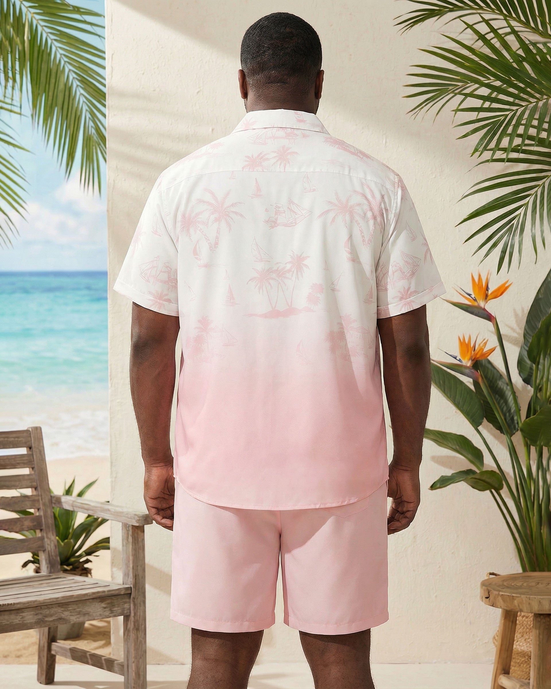 Big & Tall Men's Pink Gradient Coconut Print Button Short Sleeve Shirt Shorts Set