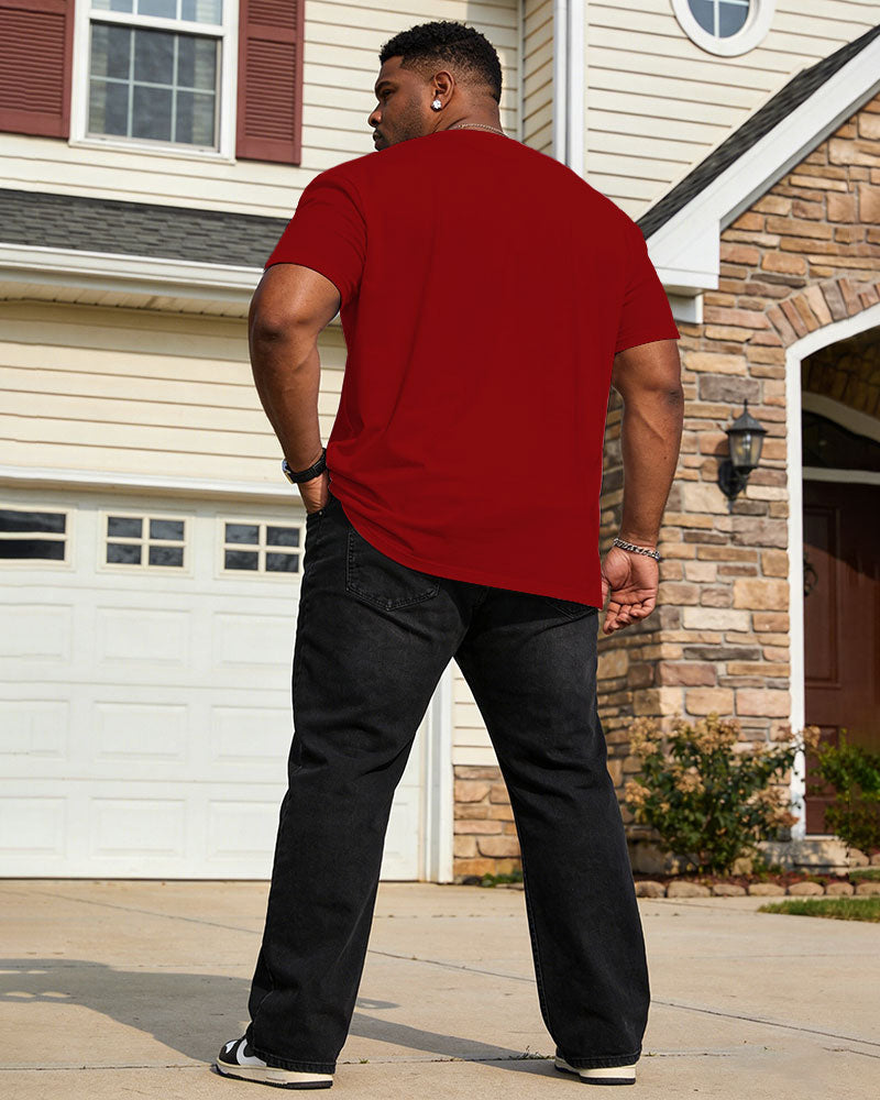 Men's Large Size Spring And Summer Casual Loose Comfortable Soft Cotton Blended Wine Red Simple Chest Printed Short Sleeve T-Shirt