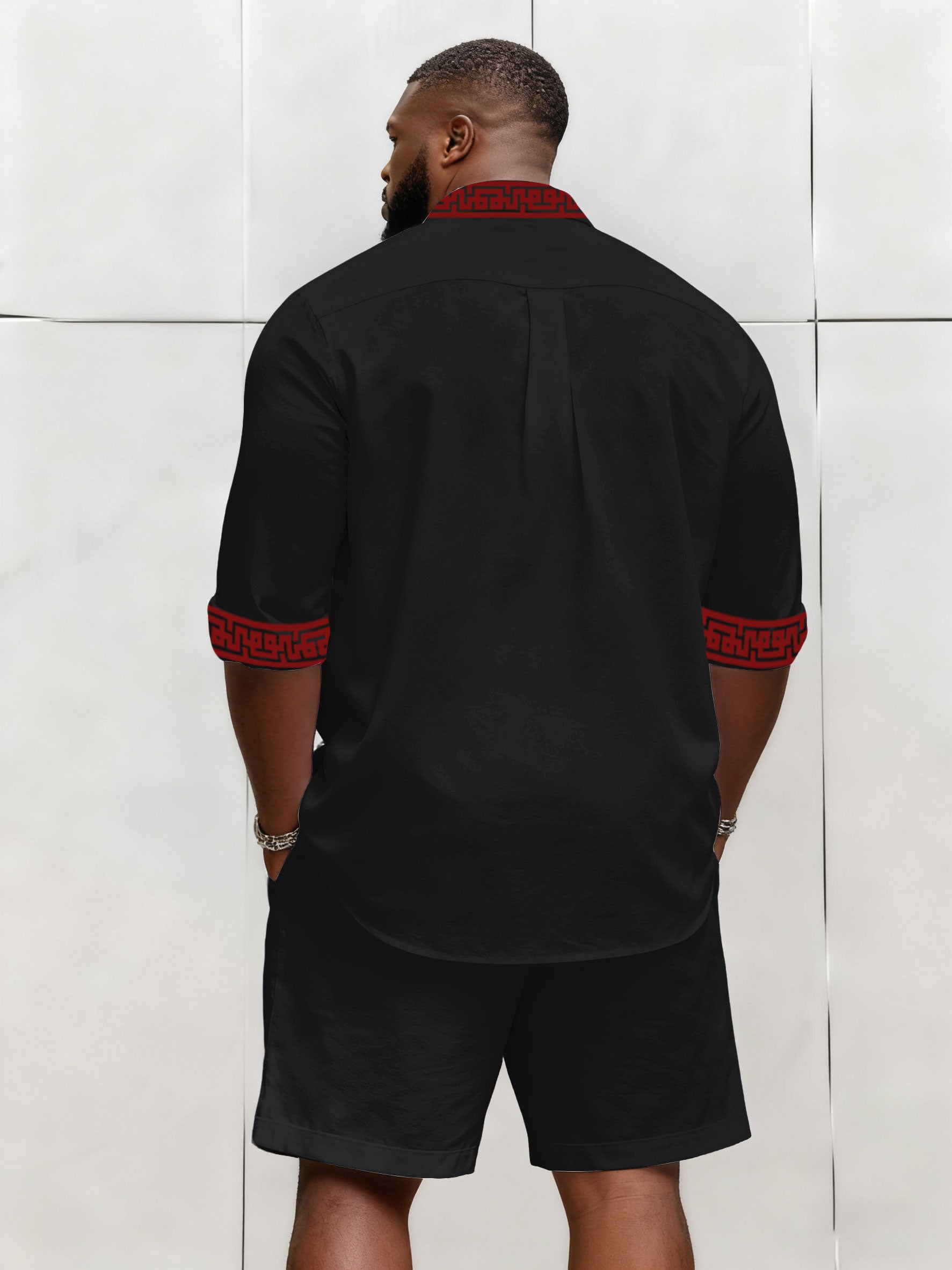 Big & Tall Men's Business Simple Black & Red Geometric Texture Contrast Long Sleeve Shirt Shorts Set