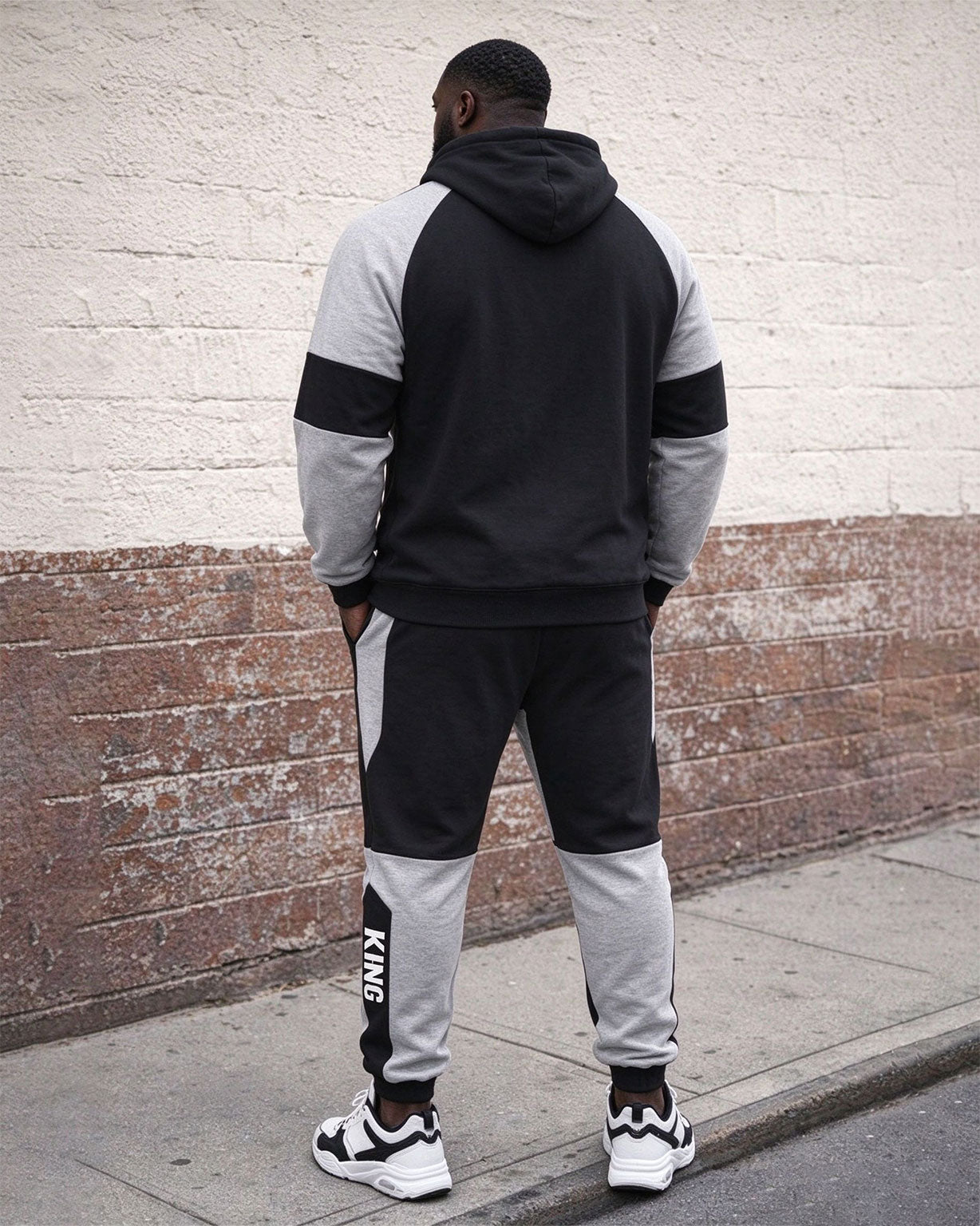 Large Size Men's Autumn And Winter Warm Cold-proof Gentleman Black & Grey King Crown Logo Printed Hoodie Sweatpants Set