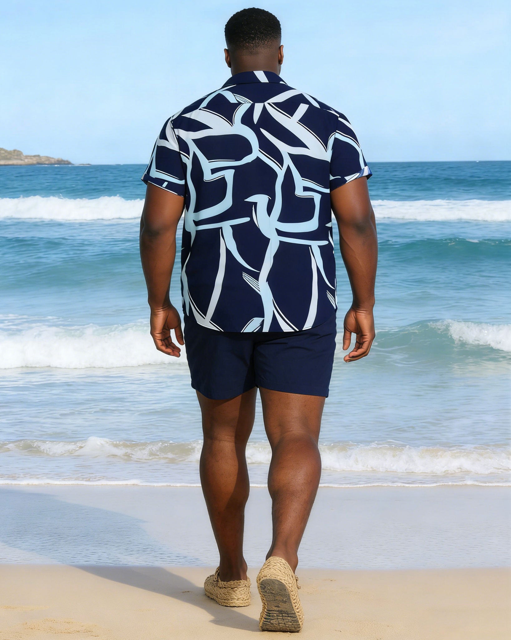 Large Size Men's Irregular Geometric Blue Short Sleeve Shirt Shorts Set