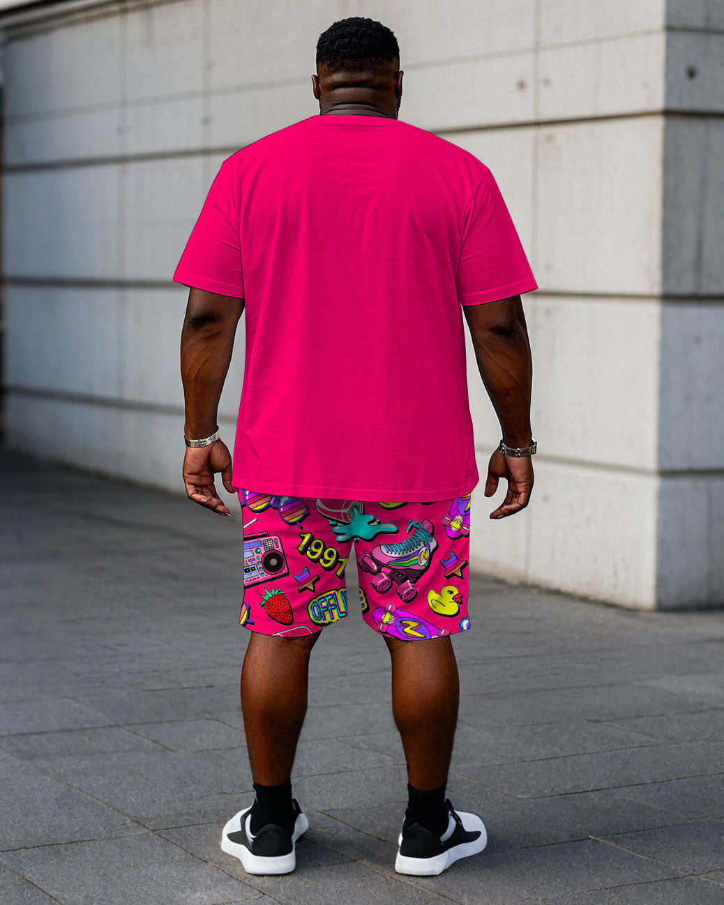 Big & Tall Men's Rose Red Music Carnival Printing Crewneck Short Sleeve T-Shirt Shorts Set