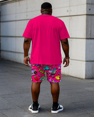 Big & Tall Men's Rose Red Music Carnival Printing Crewneck Short Sleeve T-Shirt Shorts Set