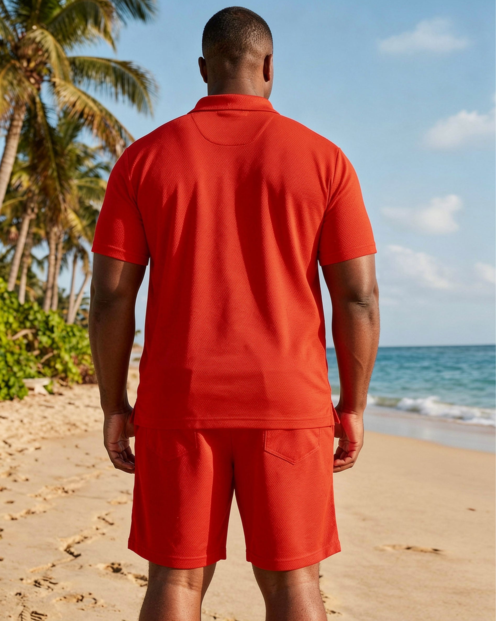 Big & Tall Men's Red Solid Color Casual Polo Shirt Short Sleeve Shorts Set