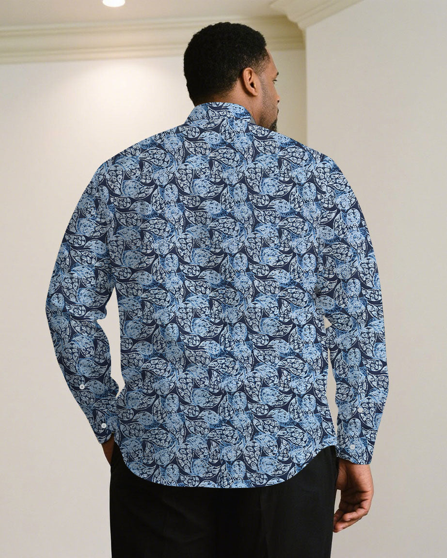 Men's Plus Size Paisley Business Casual Wrinkle Blue Long Sleeve Shirt