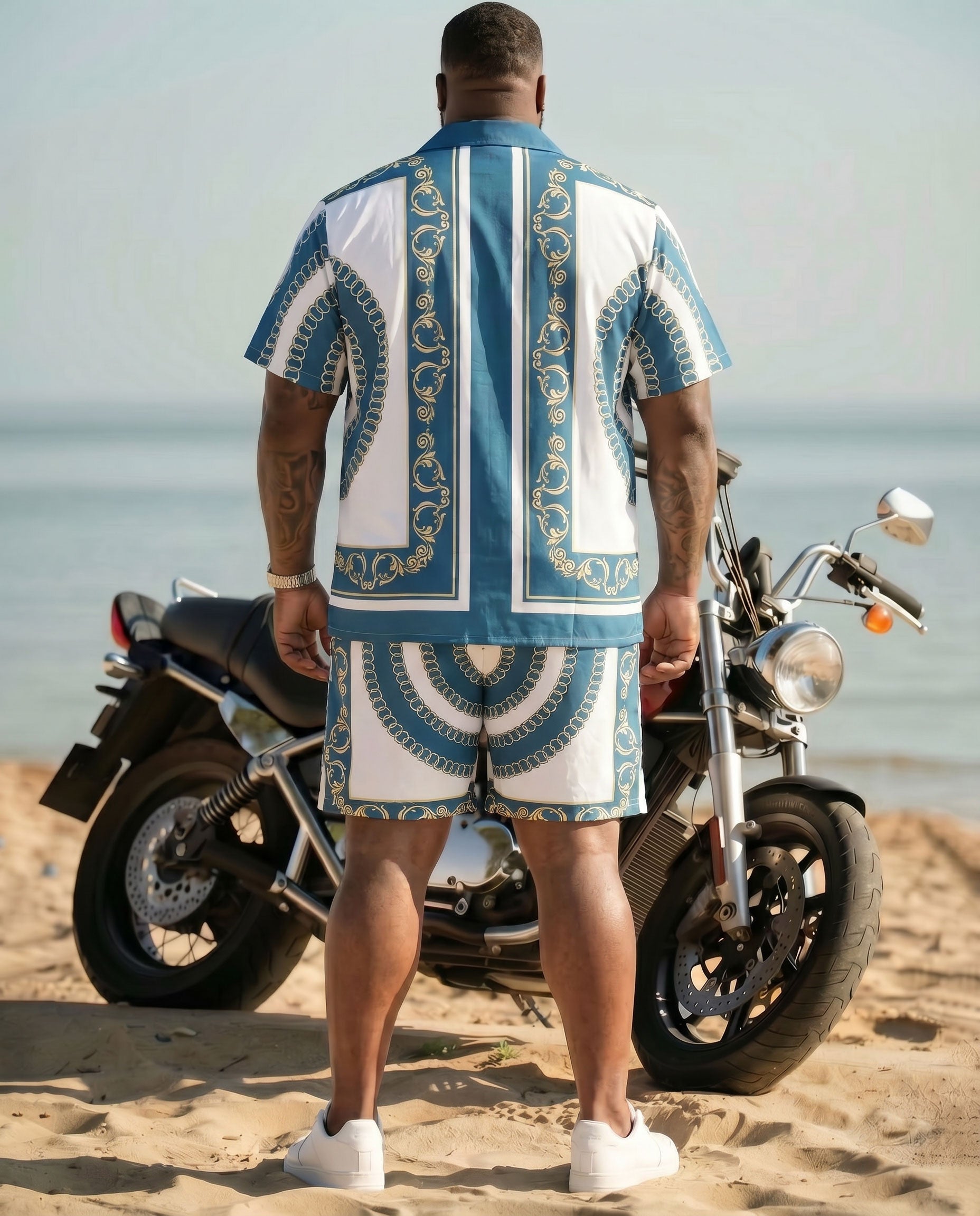 Big & Tall Men's Hawaiian Holiday Light Luxury Baroque Blue & White Short Sleeve Cardigan Shirt Shorts Set